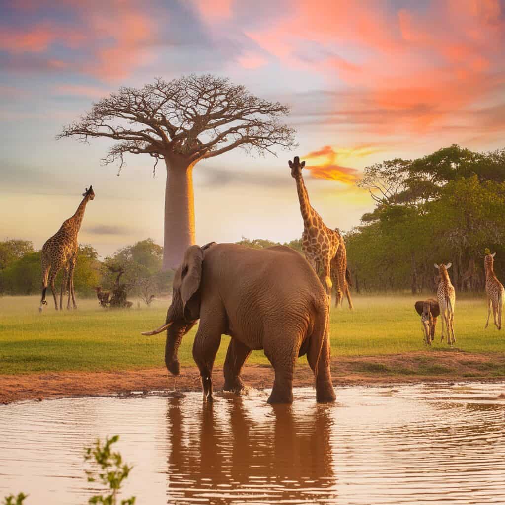 Style Reference original image amazonian forest elephant drinking water with giraffes 1