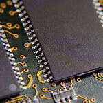 DRAM Memory micro chip on the printed circuit board. Macro.