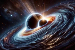 DALL·E 2024-05-20 12.13.02 – A realistic depiction of two black holes merging in space. The image shows the intense gravitational interaction between them, with swirling accretion
