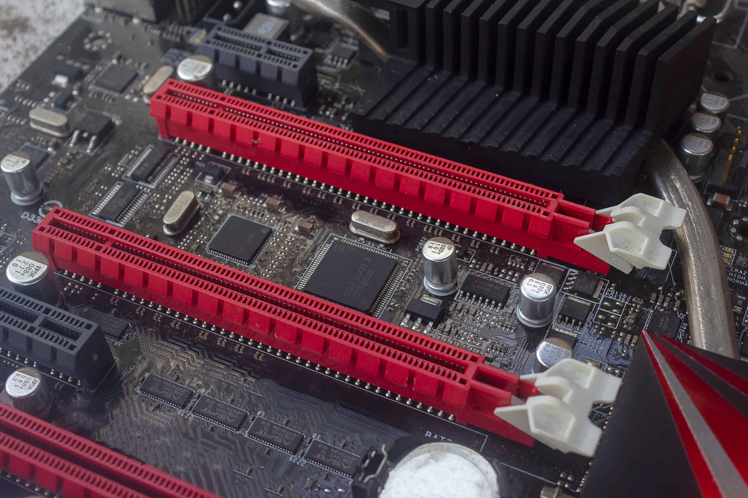 The Pci Express slot red color for video graphic card VGA card on computer motherboard