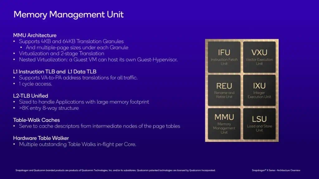 snapdragon x series oryon cpu core memory management unit