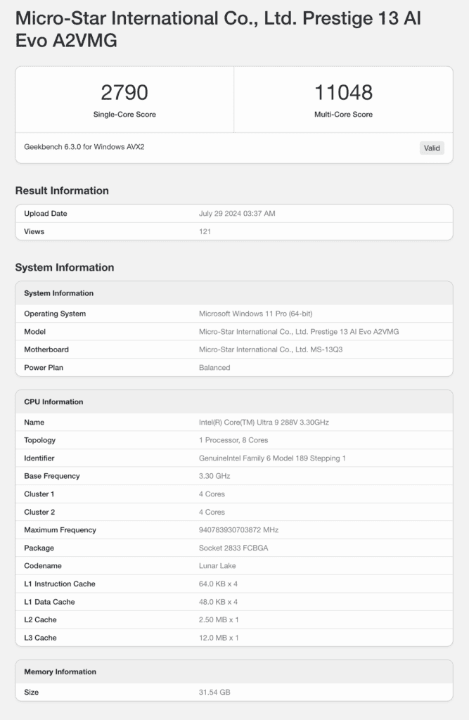 FireShot Capture 137 Micro Star International Co. Ltd. Prestige 13 AI Evo A2VMG Geekben browser.geekbench.com