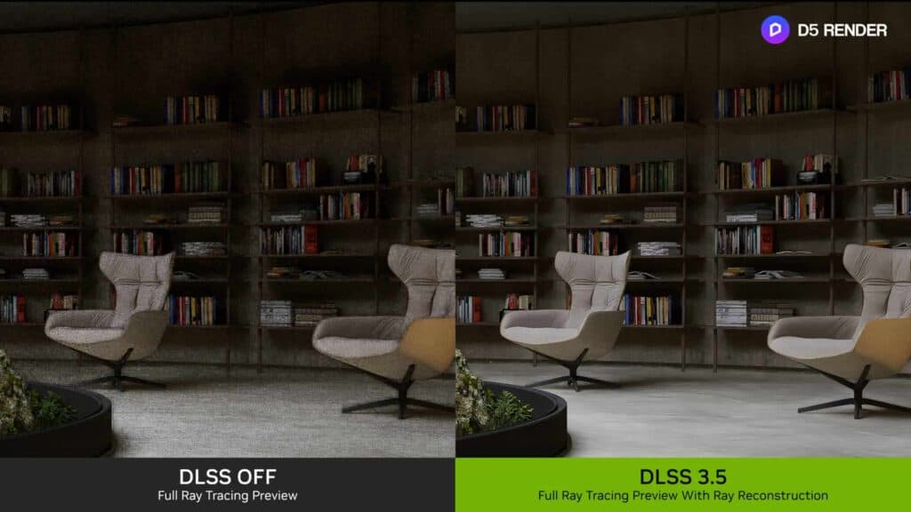 dlss 3 5 ray reconstruction improves d5 render ray traced previews lounge library 2100x1181 1