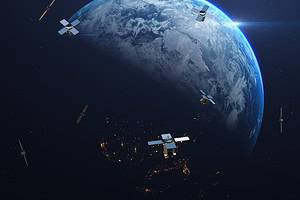 Satellites Flying Around Orbiting Planet Earth. Technology Relat