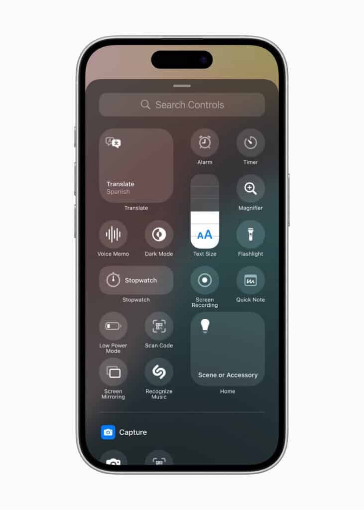 Apple iOS 18 Control Center controls panel