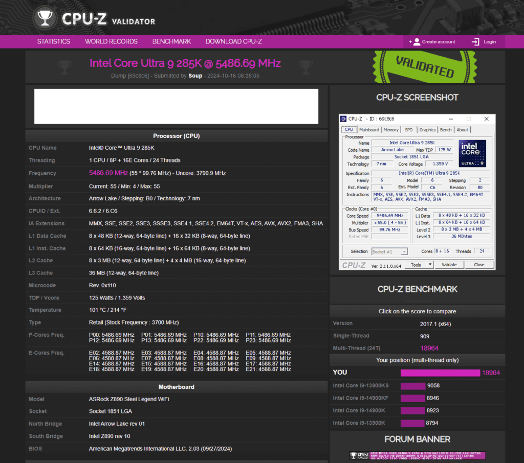 Core Ultra 9 285K CPU Z