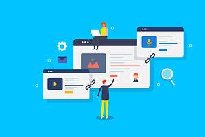 Seo team people working on link building project, collaborating with other websites improving high search engine ranking, off-page seo optimization process with man & woman character.