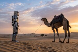 humanoid-robot-and-camel-back-standing-in-a-vast-d