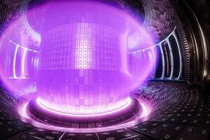 Fusion reactor. Toroidal chamber with a magnetic coil. device for carrying out a controlled thermonuclear reaction. Plasma emission around