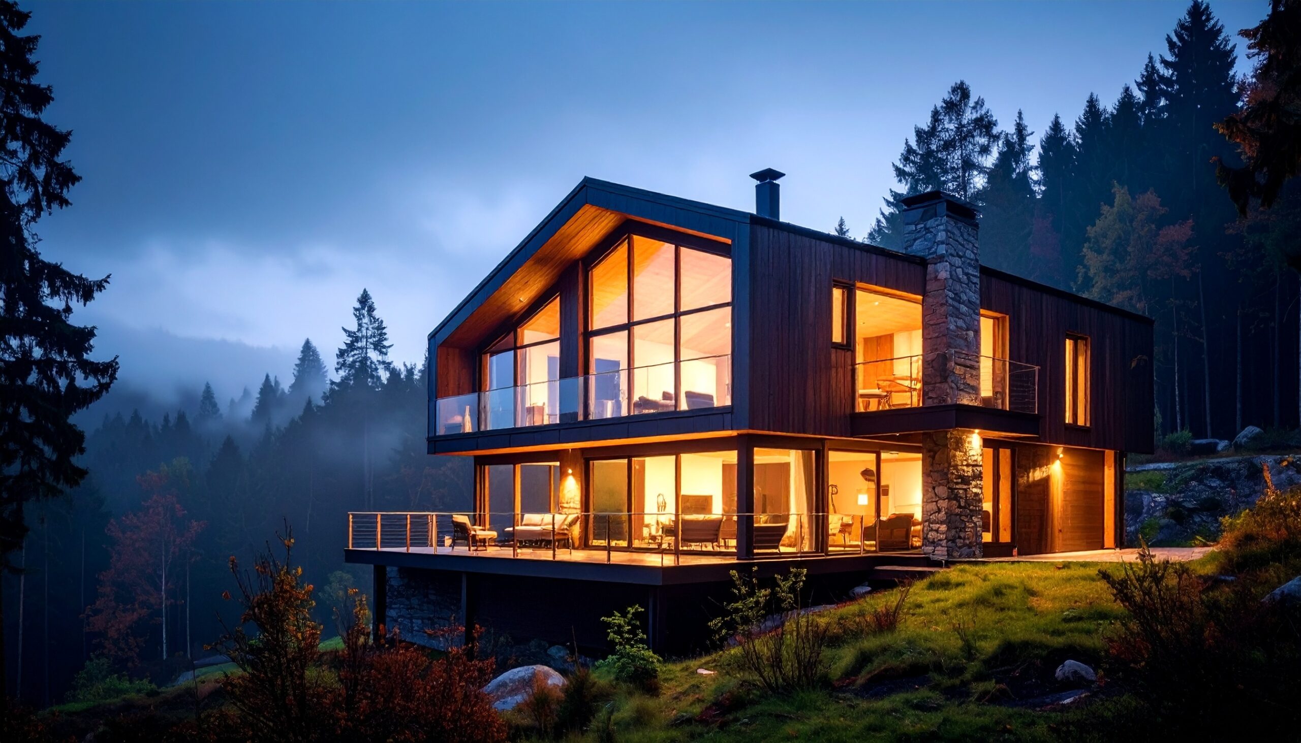Firefly A luxury modern two story cabin deep in a secluded forest glowing warmly against a dark st
