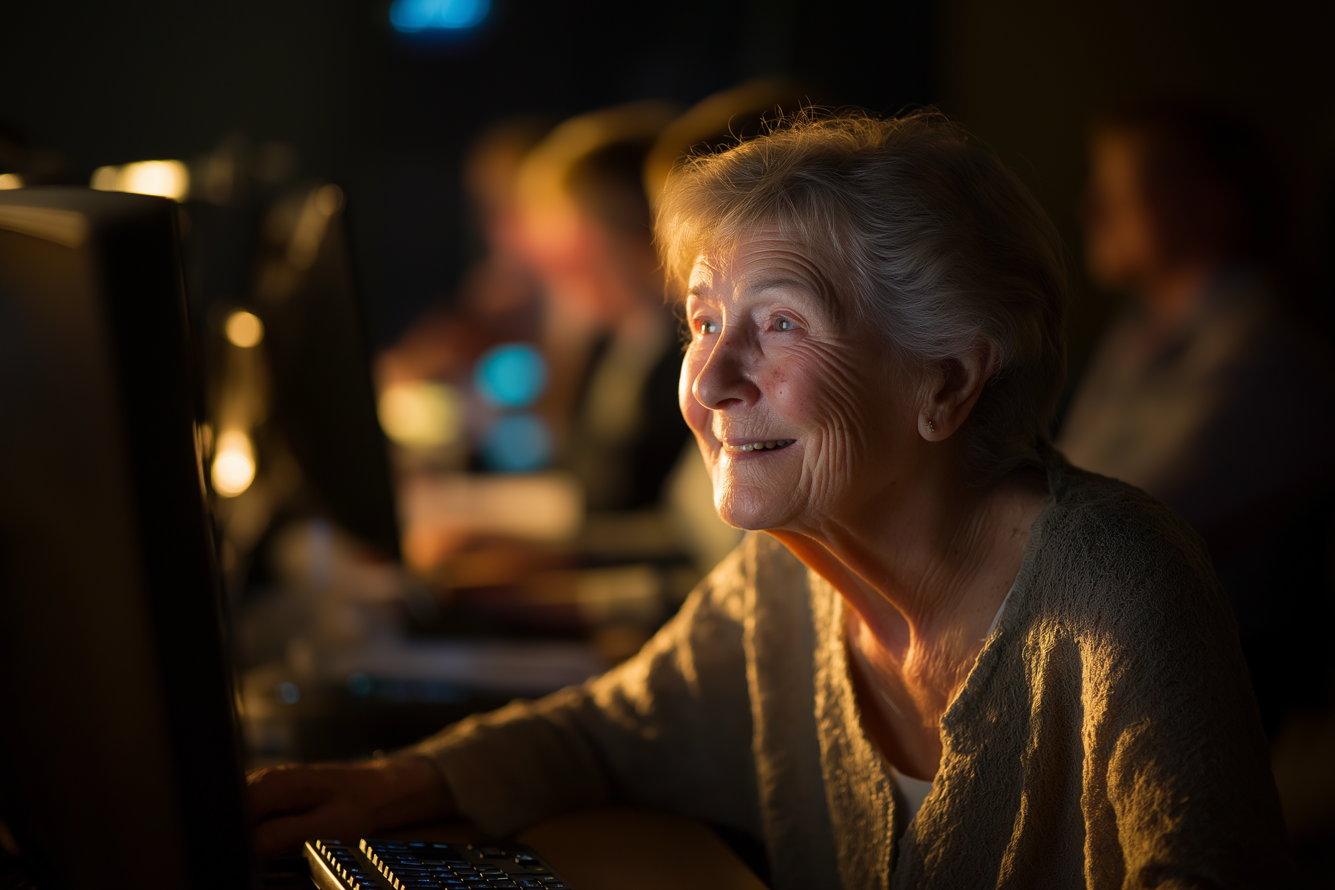 An elderly womans face lighting up with a smile